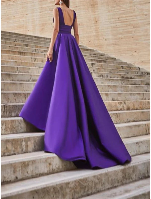 Luolandi A-Line Celebrity Style Minimalist Elegant Engagement Prom Dress V Neck Sleeveless Court Train Satin with Slit Overskirt Sexy Evening Dress